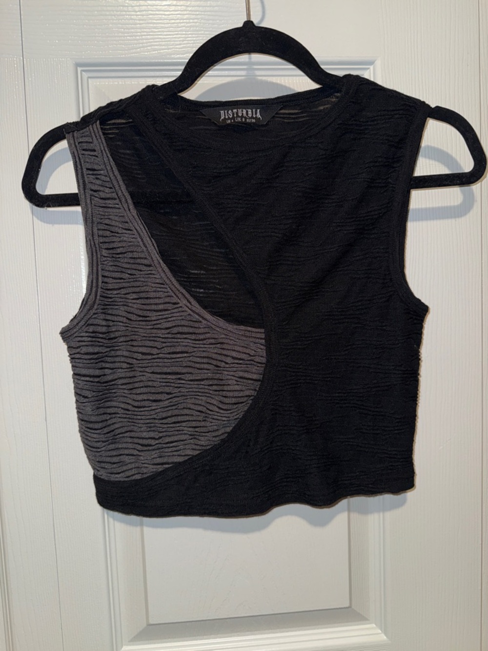 Disturbia Black & Charcoal Asymmetrical Textured Crop Top